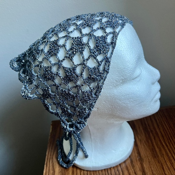 Hand Made Crochet Blue-Gray Silver Lurex Bandana/Neck Scarf/Rustic Boho Style